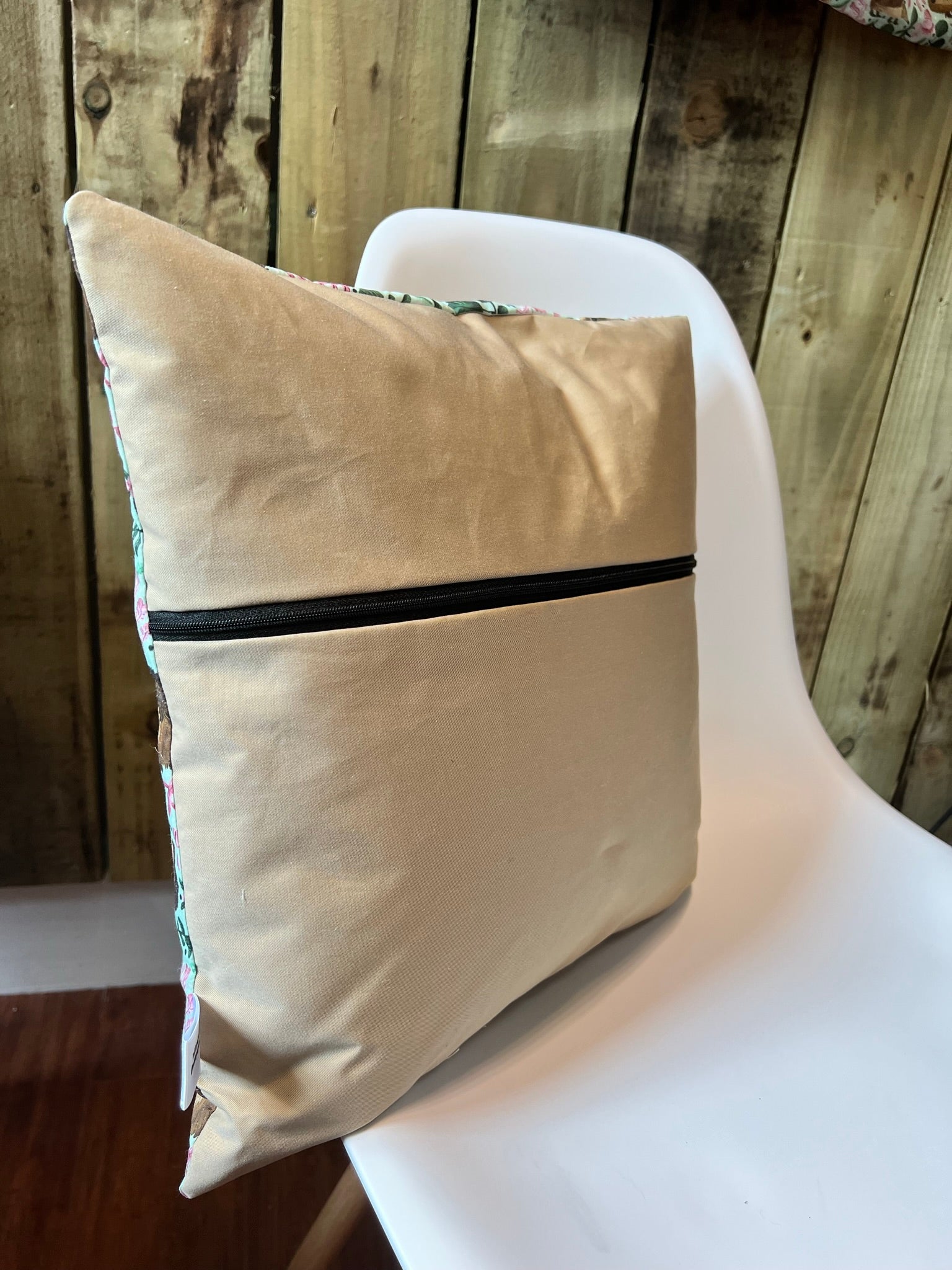 The back of the hare cushion cover showing its biege backing and black zip. Ideal as a rabbit gift, this decorative pillow for a sofa is a great gift idea.