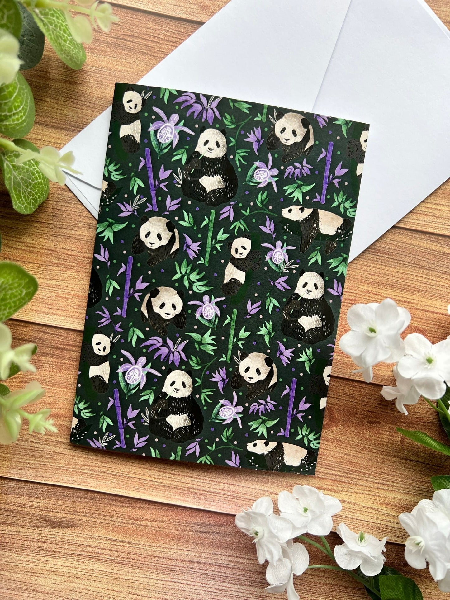 panda greeting card for a panda lover with a white envelope