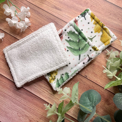 shop self care gifts for women today with our pretty foliage patterned exfoliating pads. These are part of our reusable skincare collection and can be used for a more sustainable skincare routine.