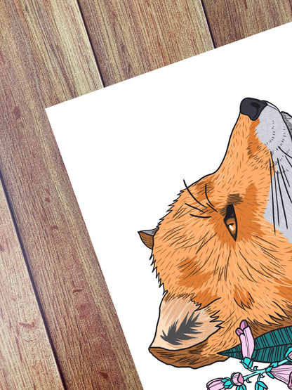 corner close up of a fox art print that shows the fox's head and fur with a few of the flowers around it, on the white background. This a4 print art is ideal as a gift for an animal lover.